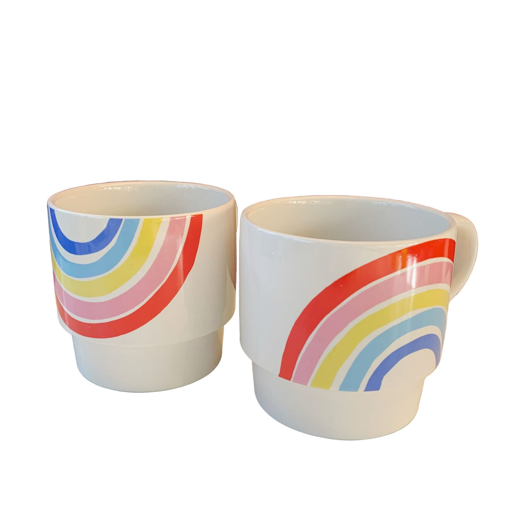 70s Rainbow Stacking Mug Set of 2 | Vintage Style GIftable 14 oz Mugs in Painted Ceramic