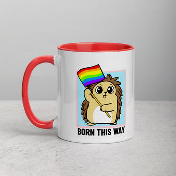 Born This Way LGBT Pride Cartoon Porcupine and Dinosaur Mug with Color Inside - Proud Libertarian - Cartoons of Liberty